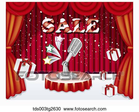 Microphone promoting sale on snowing red stage View Large Illustration Clipart - Microphone promoting sale on snowing red stage. Fotosearch