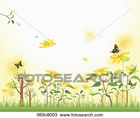Note paper with yellow flower plants and butterflies View Large Illustration Drawing - Note paper with yellow flower plants and butterflies. Fotosearch