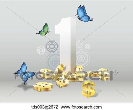 Drawing - Number 1 and gold dollar signs and butterflies. Fotosearch