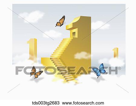 Number 1s with stairs and butterflies on clouds View Large Illustration Drawing - Number 1s with stairs and butterflies on clouds. Fotosearch