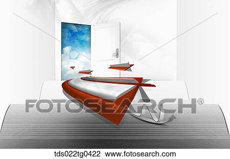 Drawing - Open door to sky and flying objects. Fotosearch