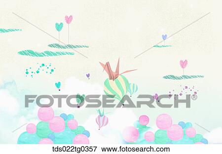 Stock Illustration - Painting o balloons and a paper crane. Fotosearch