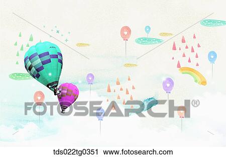 Painting of balloons and hot air balloons View Large Illustration Clip Art - Painting of balloons and hot air balloons. Fotosearch