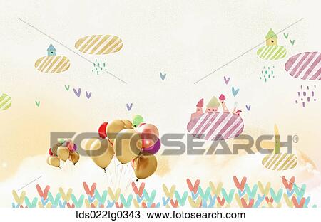 Drawing - Painting of balloons and houses with hearts. Fotosearch