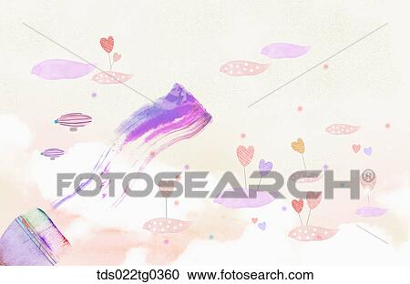 Clipart - Painting of heart balloon clouds and a paint brush. Fotosearch