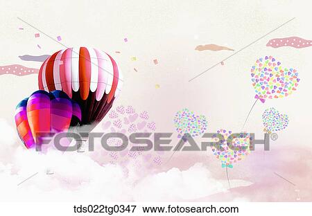 Stock Illustration - painting of heart balloons and a hot air balloons. Fotosearch