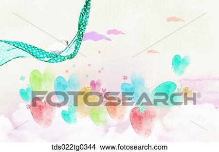 Stock Illustration - Painting of hearts and a green dotted scarf. Fotosearch