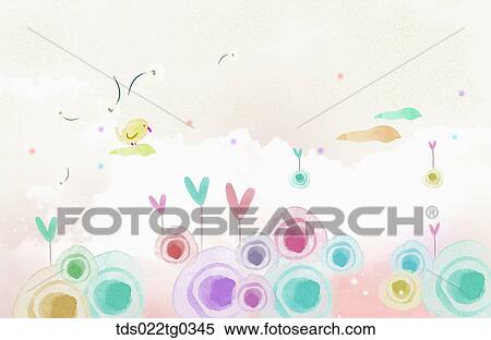 Stock Illustration - Painting of hearts and circles and a bird. Fotosearch