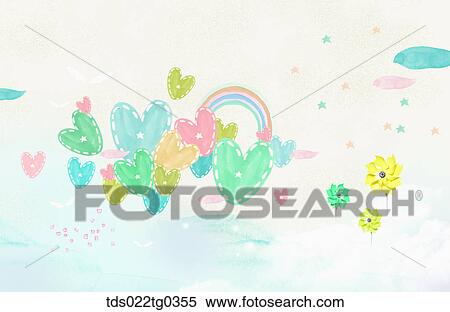 Painting of hearts and flower shaped windmills View Large Illustration Stock Illustration - Painting of hearts and flower shaped windmills. Fotosearch