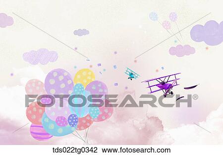 Painting of many balloons and airplanes in a sky View Large Illustration Drawing - Painting of many balloons and airplanes in a sky. Fotosearch