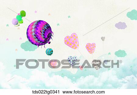 Clip Art - Painting of many balloons in a sky. Fotosearch