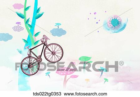 Painting of plants and a bicycle View Large Illustration Drawing - Painting of plants and a bicycle. Fotosearch
