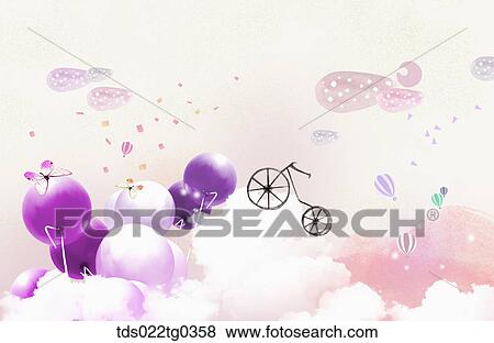 Painting of purplish balloons and a bicycle View Large Illustration Stock Illustration - Painting of purplish balloons and a bicycle. Fotosearch