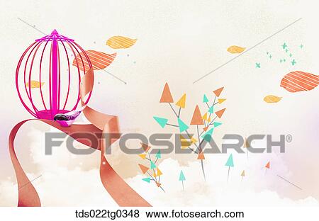 Painting of triangle trees and a bird cage View Large Illustration Stock Illustration - Painting of triangle trees and a bird cage. Fotosearch