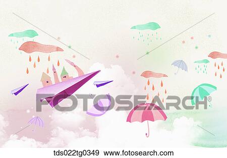 Painting of umbrella and rain clouds View Large Illustration Stock Illustration - Painting of umbrella and rain clouds . Fotosearch