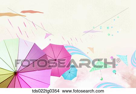 Painting of umbrellas and rain clouds View Large Illustration Stock Illustration - Painting of umbrellas and rain clouds. Fotosearch