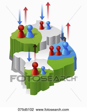 People icons with red and blue arrows on the map View Large Illustration Drawing - People icons with red and blue arrows on the map. Fotosearch