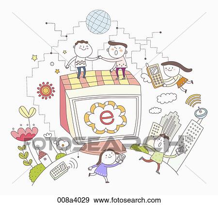 People with a computer and cell phones View Large Illustration Stock Illustration - People with a computer and cell phones. Fotosearch