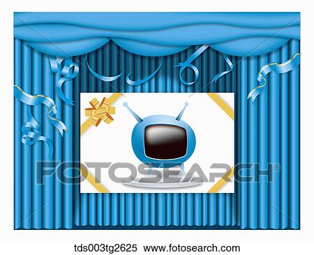 Postcard with blue television on blue stage View Large Illustration Stock Illustration - Postcard with blue television on blue stage. Fotosearch