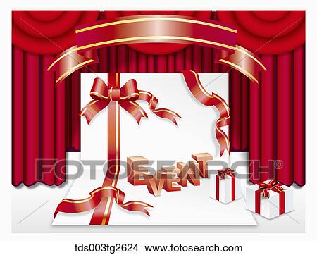 Postcard with red ribbon promoting event on stage View Large Illustration Stock Illustration - Postcard with red ribbon promoting event on stage. Fotosearch