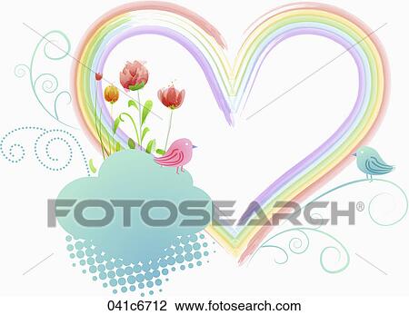 Drawing - Rainbow hearts with birds and flowers. Fotosearch