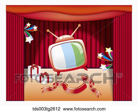 Red television on red stage View Large Illustration Drawing - Red television on red stage. Fotosearch
