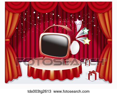Red television on red stage View Large Illustration Drawing - Red television on red stage. Fotosearch