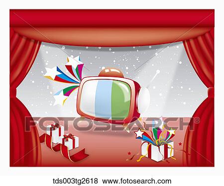 Stock Illustration - Red television on snowing stage. Fotosearch