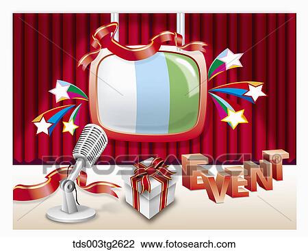 Drawing - Red television promoting event on stage. Fotosearch
