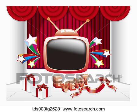Stock Illustration - Red television promoting event on stage. Fotosearch
