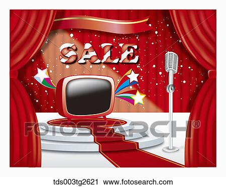Clip Art - Red television promoting sale on snowing stage. Fotosearch