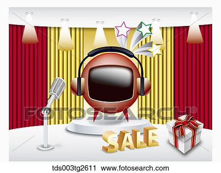 Clip Art - Red television promoting sale on stage. Fotosearch