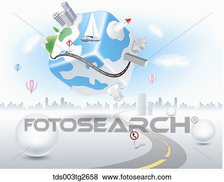 Road and building on a cube floating above a town View Large Illustration Stock Illustration - Road and building on a cube floating above a town. Fotosearch