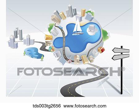 Stock Illustration - Road and buildings on a ball floating . Fotosearch