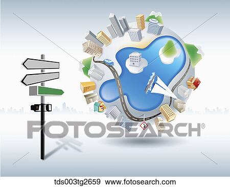 Stock Illustration - Road and buildings on a ball floating and signs. Fotosearch
