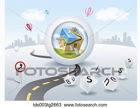 Road and buildings on a white round shape and word business View Large Illustration Drawing - Road and buildings on a white round shape and word business. Fotosearch