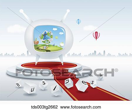 Road and buildings on television and word business View Large Illustration Drawing - Road and buildings on television and word business. Fotosearch