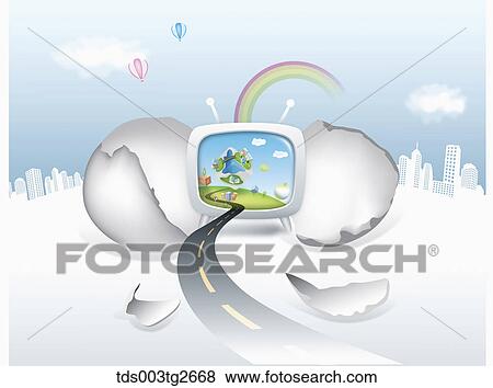 Stock Illustration - Road and town on television from cracked shells. Fotosearch
