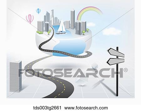 Clip Art - Road towards a floating town with building and a yacht. Fotosearch