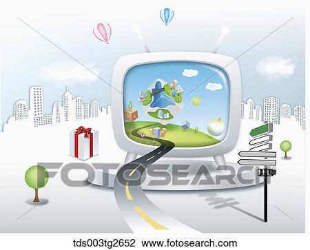 Road towards a village in a television View Large Illustration Drawing - Road towards a village in a television. Fotosearch