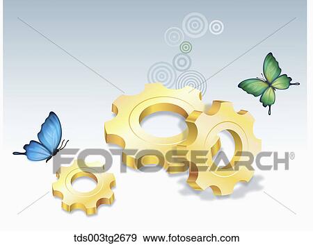 Saw toothed wheels and butterflies View Large Illustration Stock Illustration - Saw toothed wheels and butterflies. Fotosearch