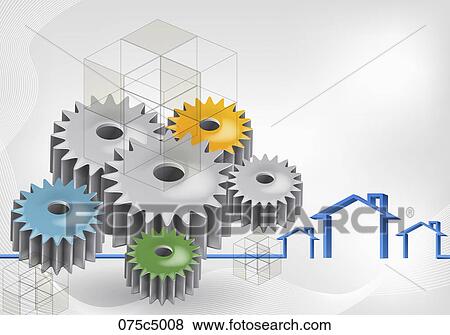 Stock Illustration - Saw toothed wheels and houses. Fotosearch