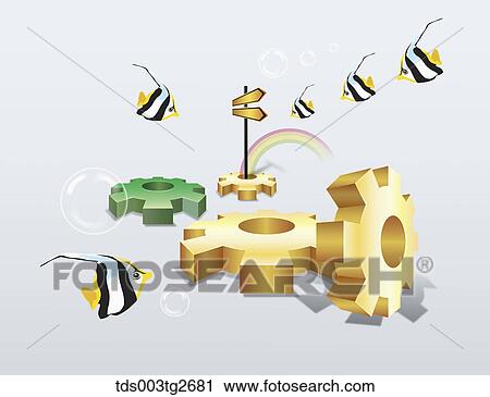 Clip Art - Saw toothed wheels and tropical fishes. Fotosearch
