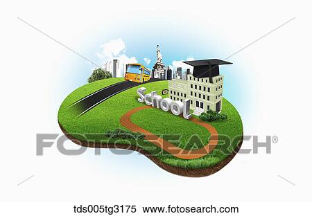 Stock Illustration - School with a school building and a shuttle bus. Fotosearch