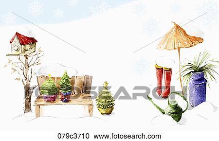 Clipart - Small Christmas trees on the bench in winter. Fotosearch