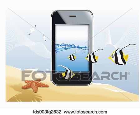 Smart phone on the ocean View Large Illustration Drawing - Smart phone on the ocean . Fotosearch