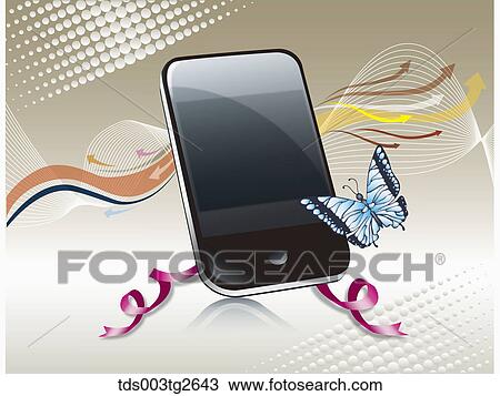 Smart phone with arrows and a blue butterfly View Large Illustration Drawing - Smart phone with arrows and a blue butterfly. Fotosearch