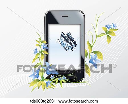 Smart phone with blue flowers and butterfly View Large Illustration Clip Art - Smart phone with blue flowers and butterfly. Fotosearch