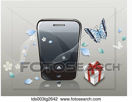 Drawing - Smart phone with blue leaves and a blue butterfly. Fotosearch