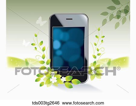 Stock Illustration - Smart phone with blue leaves and butterflies. Fotosearch